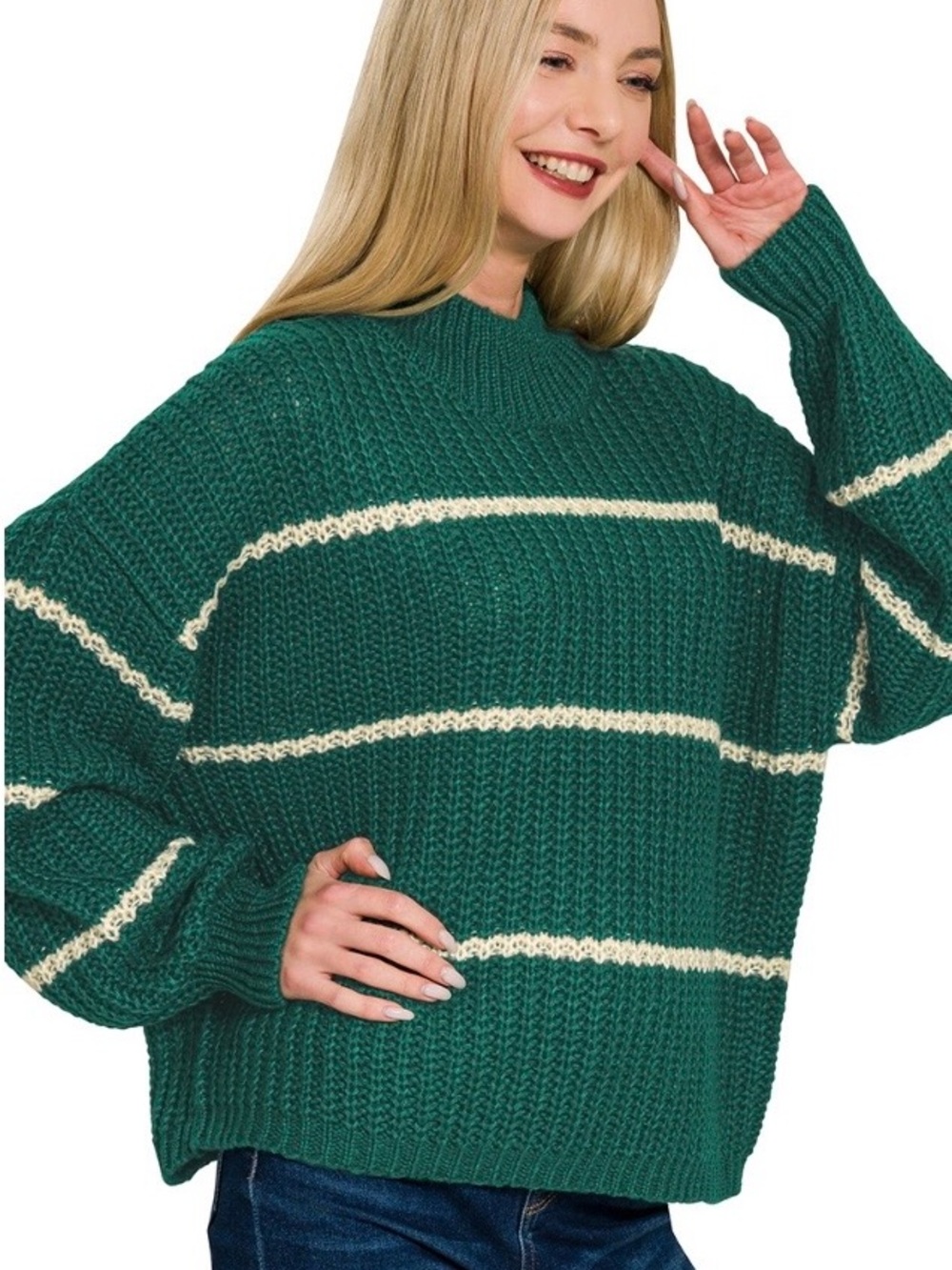 Zenana Outfitters Green Striped Crewneck Sweater